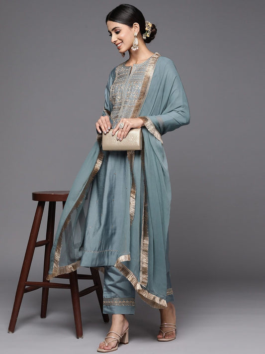 Indian Clothing NOZ2TOZ Women's Viscose Chanderi Grey Party Wear Embroidered Kurta With Pant And Duppata Set - Noz2Toz