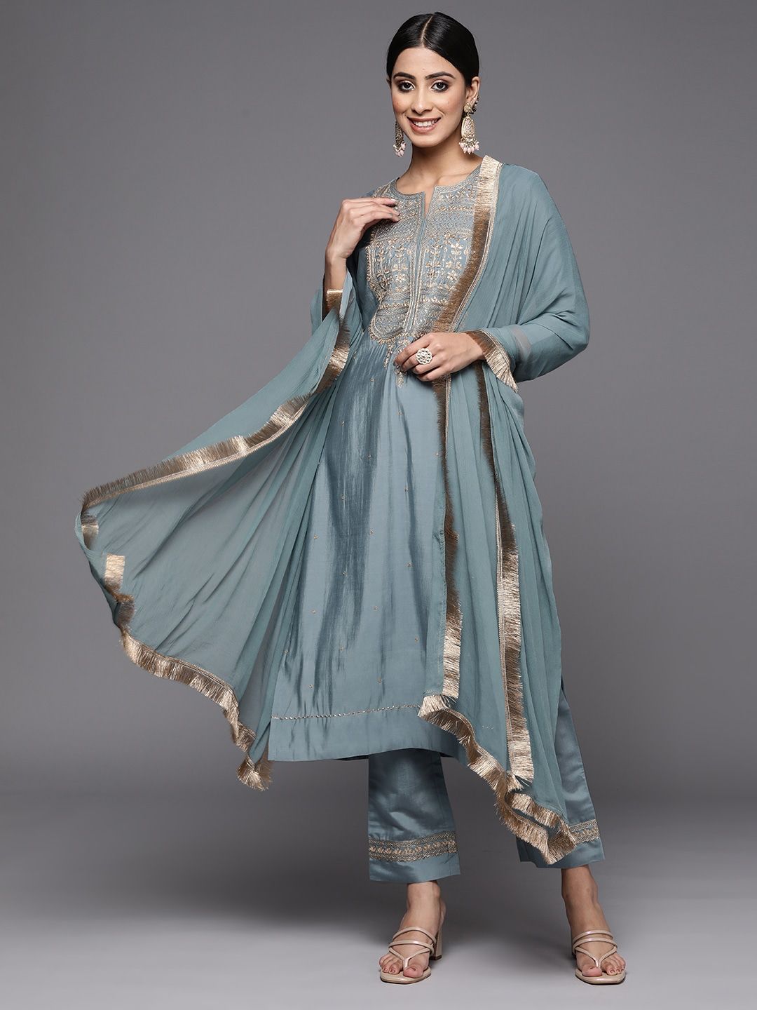 Indian Clothing NOZ2TOZ Women's Viscose Chanderi Grey Party Wear Embroidered Kurta With Pant And Duppata Set - Swadesiicart