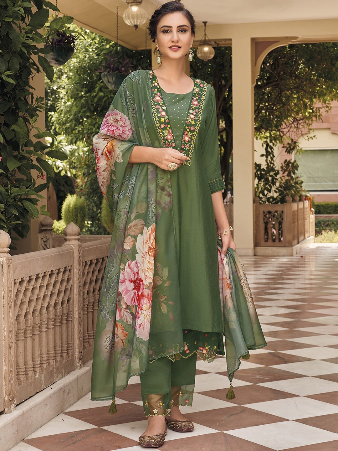 Indian Clothing NOZ2TOZ Women's Muslin Green Party Wear Embroidered Kurta With Pant And Duppata Set - Swadesiicart