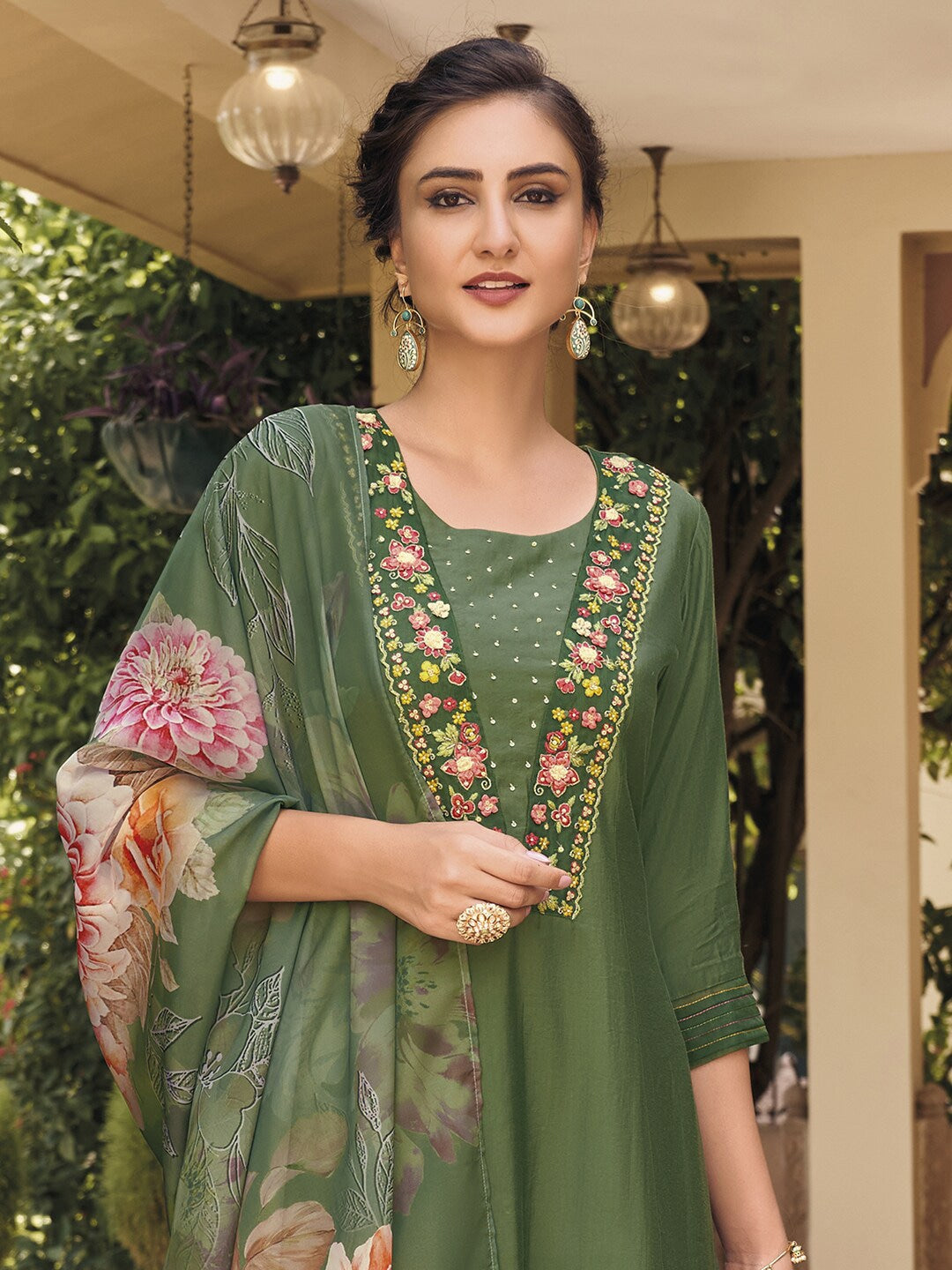 Indian Clothing NOZ2TOZ Women's Muslin Green Party Wear Embroidered Kurta With Pant And Duppata Set - Swadesiicart