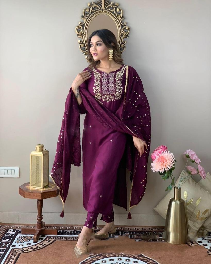 Indian Clothing NOZ2TOZ Women's Rayon Slub Wine Party Wear Embroidered Kurta With Pant And Duppata Set - Noz2Toz