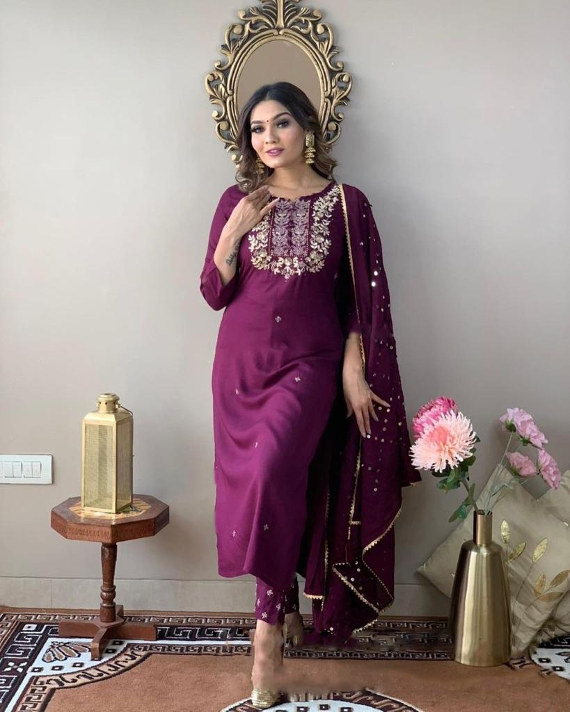 Indian Clothing NOZ2TOZ Women's Rayon Slub Wine Party Wear Embroidered Kurta With Pant And Duppata Set - Swadesiicart