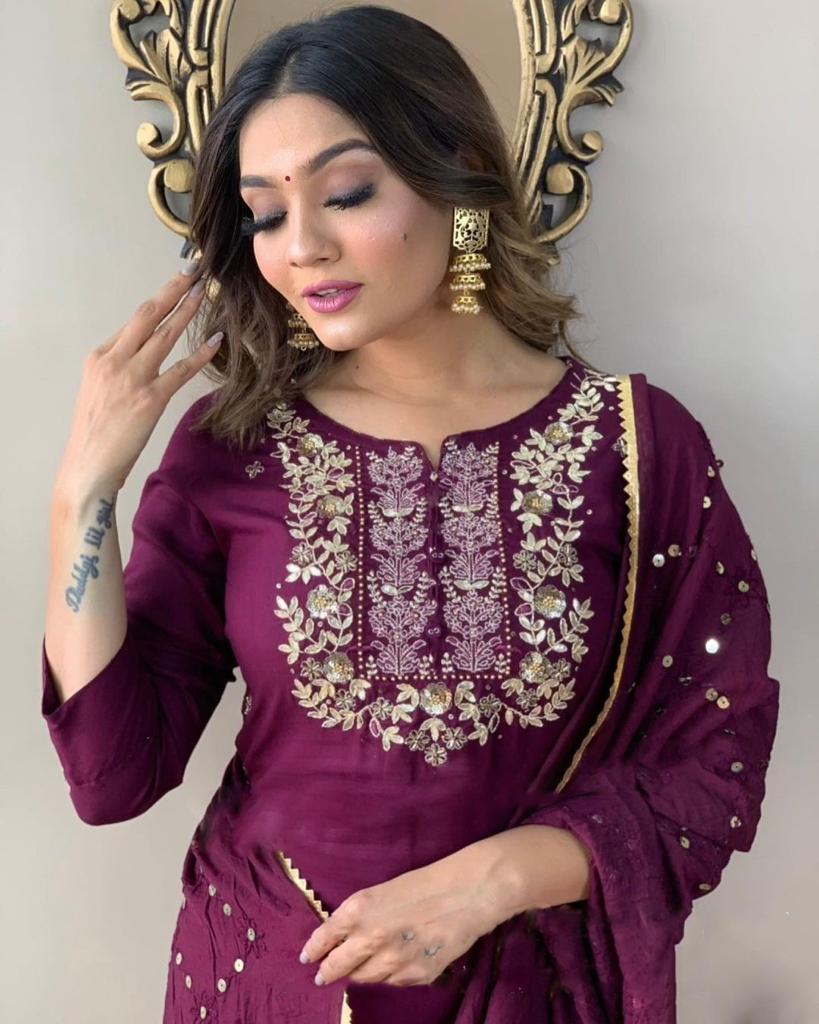 Indian Clothing NOZ2TOZ Women's Rayon Slub Wine Party Wear Embroidered Kurta With Pant And Duppata Set - Swadesiicart