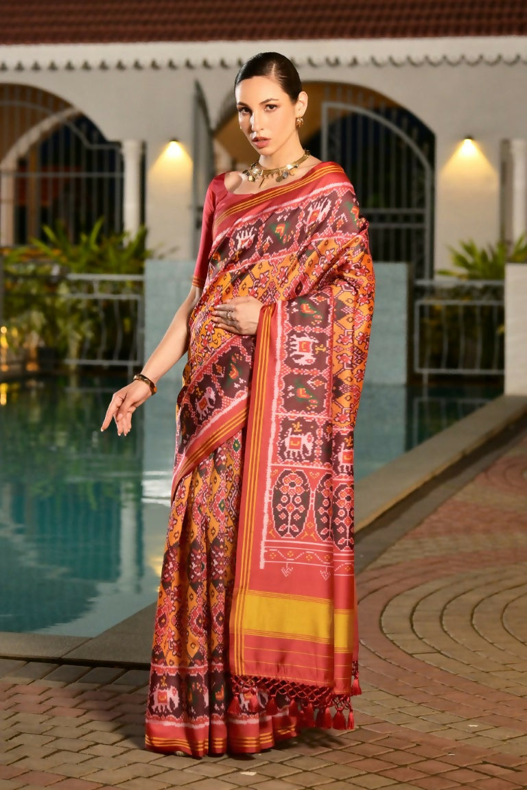 Vishnu Weaves Women's Mustard Banarasi Silk Patola Printed Saree with Blouse - Swadesiicart