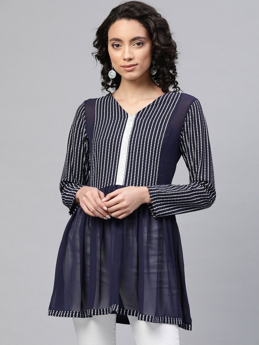 Ahalyaa Women Navy Blue Georgette Khari Print Tunic | Swadesiicart
