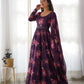 Lorenvalley Fashion Women Pure Soft Organza Silk Anarkali Kali Cut Gown With Pant Dupatta Set - Wine | Swadesiicart