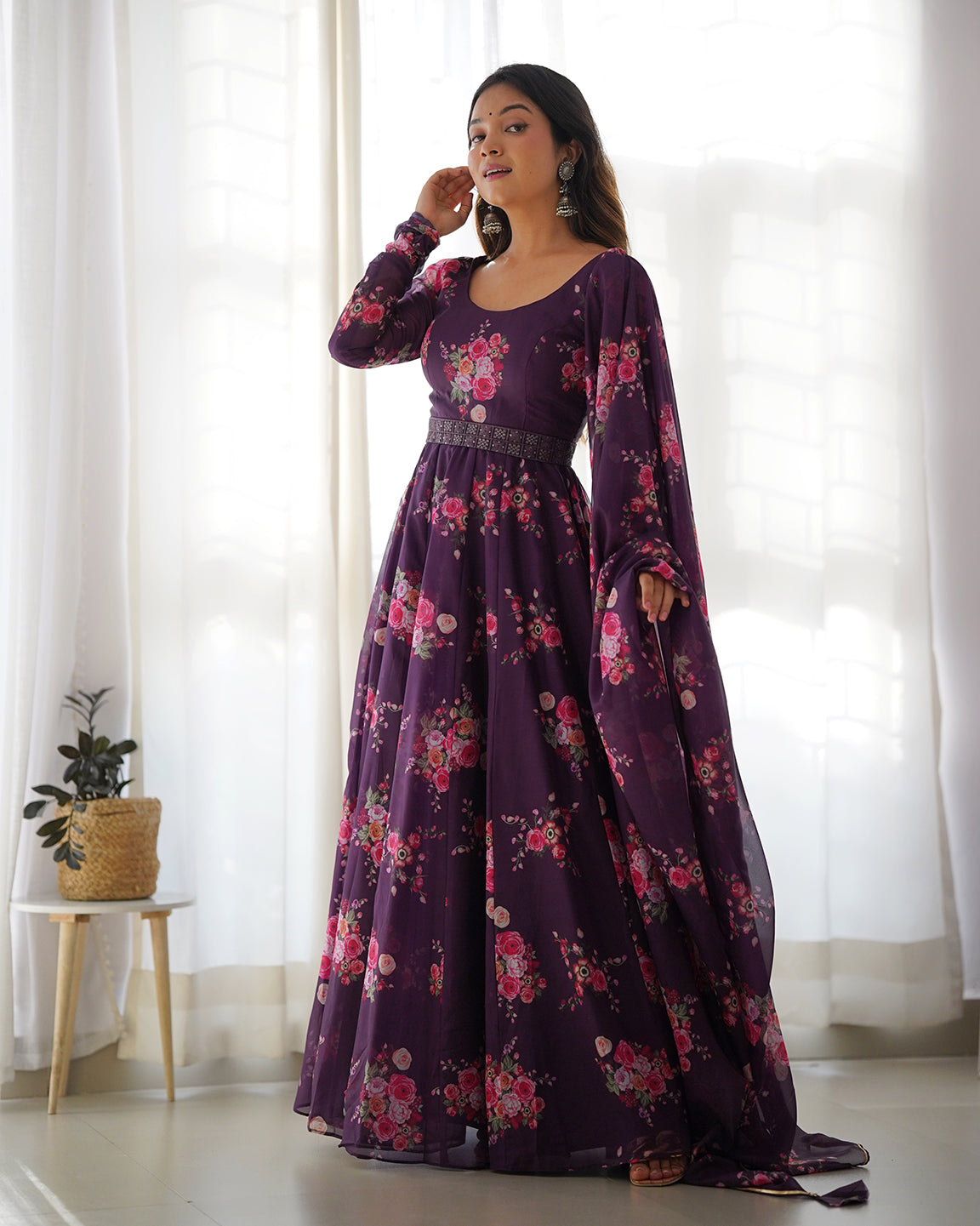 Lorenvalley Fashion Women Pure Soft Organza Silk Anarkali Kali Cut Gown With Pant Dupatta Set - Wine | Swadesiicart