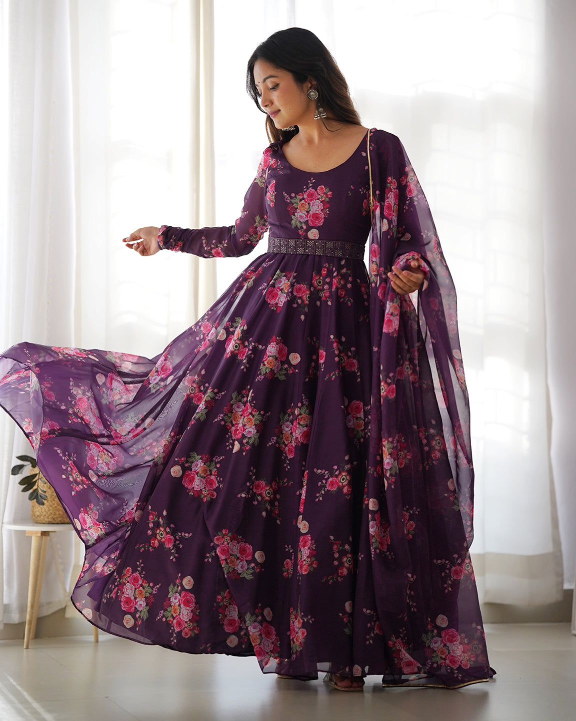 Lorenvalley Fashion Women Pure Soft Organza Silk Anarkali Kali Cut Gown With Pant Dupatta Set - Wine | Swadesiicart