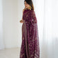 Lorenvalley Fashion Wine Solo Georgette Superb Finishing Foils Print & Fancy Zalar Lace in Border Saree with Blouse - Swadesiicart