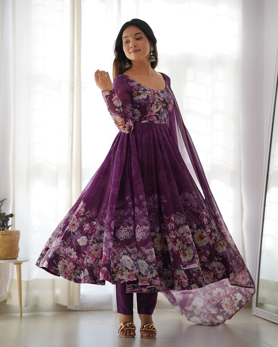 Lorenvalley Fashion Women Pure Soft Organza Silk Floral Print Fully Flair Anarkali With Pent Dupatta Set - Wine | Swadesiicart
