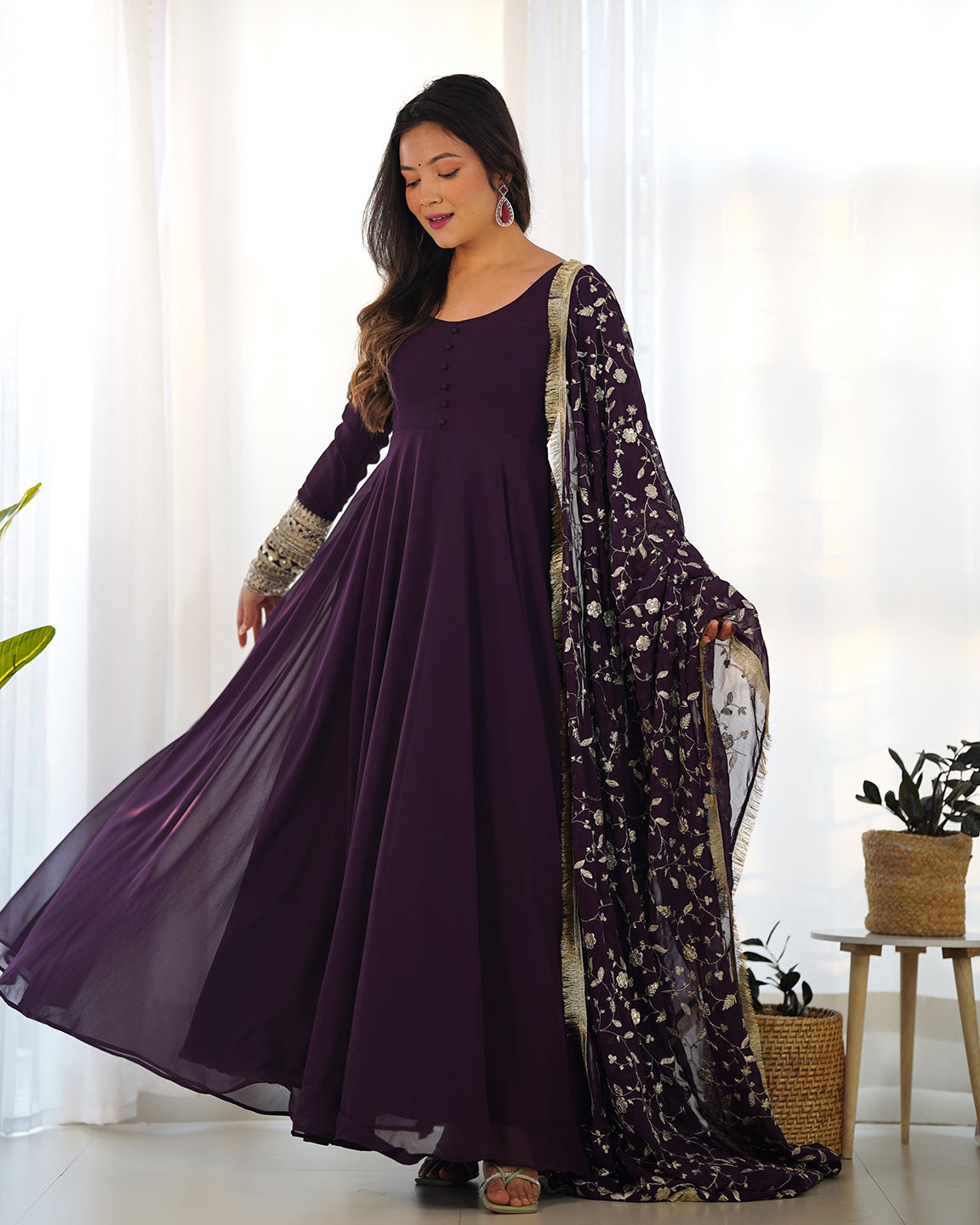 Lorenvalley Fashion Women Georgette Anarkali Gown Duppta Full Set With Pent Ready To Wear - Wine | Swadesiicart