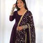 Lorenvalley Fashion Women Georgette Anarkali Gown Duppta Full Set With Pent Ready To Wear - Wine | Swadesiicart