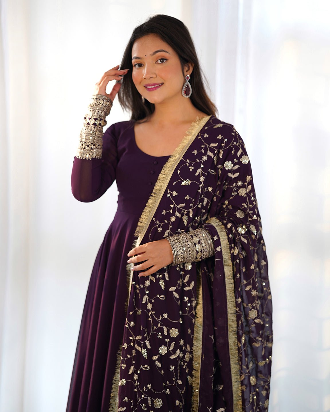 Lorenvalley Fashion Women Georgette Anarkali Gown Duppta Full Set With Pent Ready To Wear - Wine | Swadesiicart