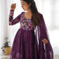 Lorenvalley Fashion Women Pure Soft Organza Silk Floral Print Fully Flair Anarkali With Pent Dupatta Set - Wine | Swadesiicart