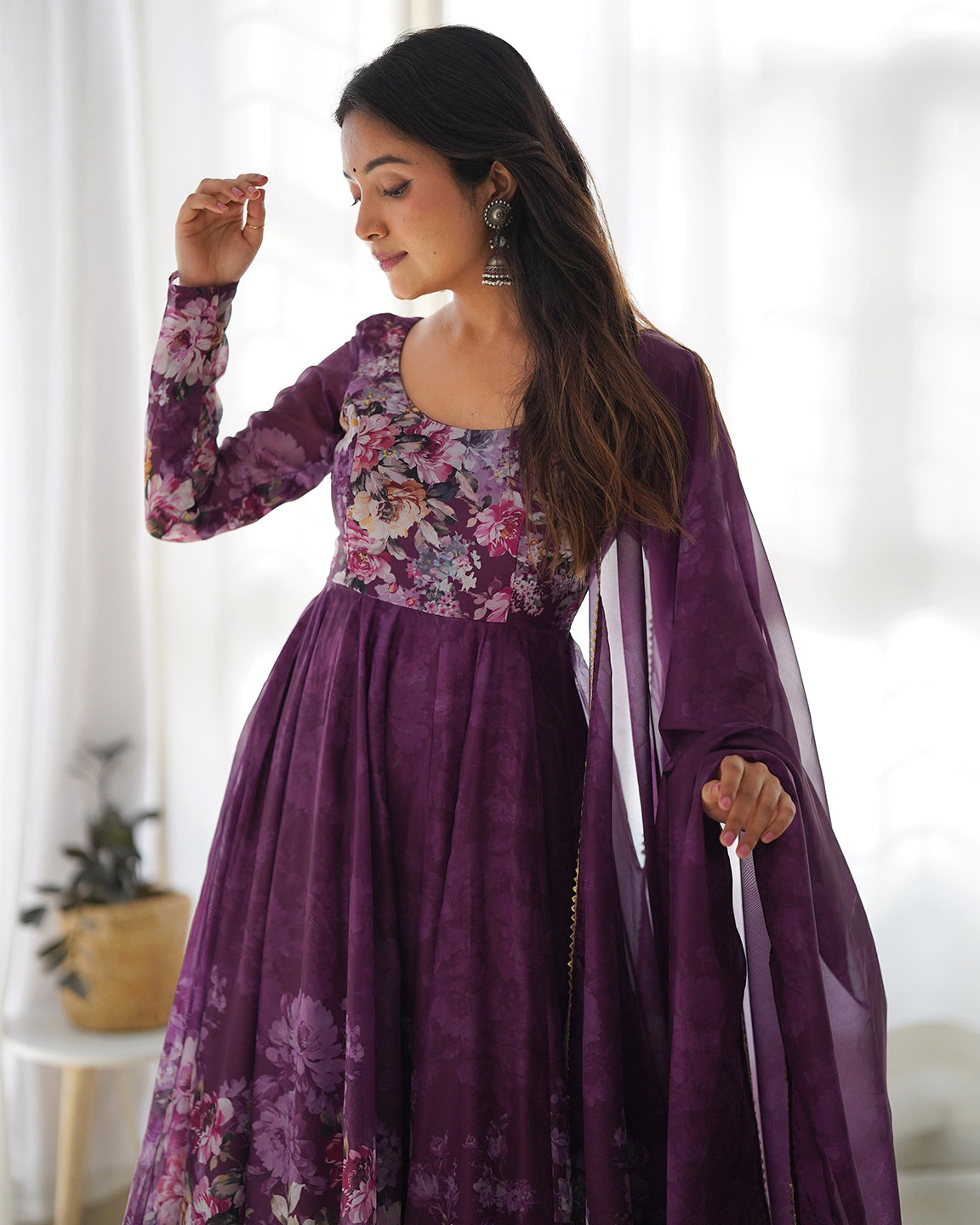Lorenvalley Fashion Women Pure Soft Organza Silk Floral Print Fully Flair Anarkali With Pent Dupatta Set - Wine | Swadesiicart