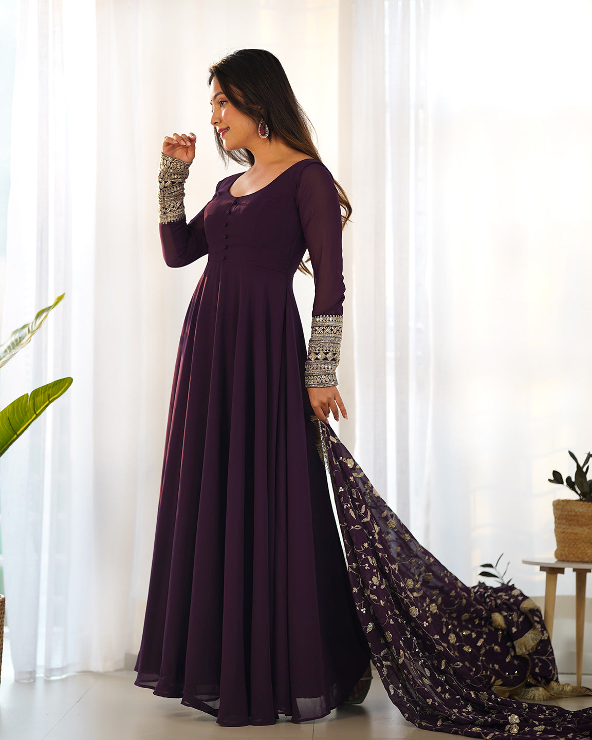 Lorenvalley Fashion Women Georgette Anarkali Gown Duppta Full Set With Pent Ready To Wear - Wine | Swadesiicart