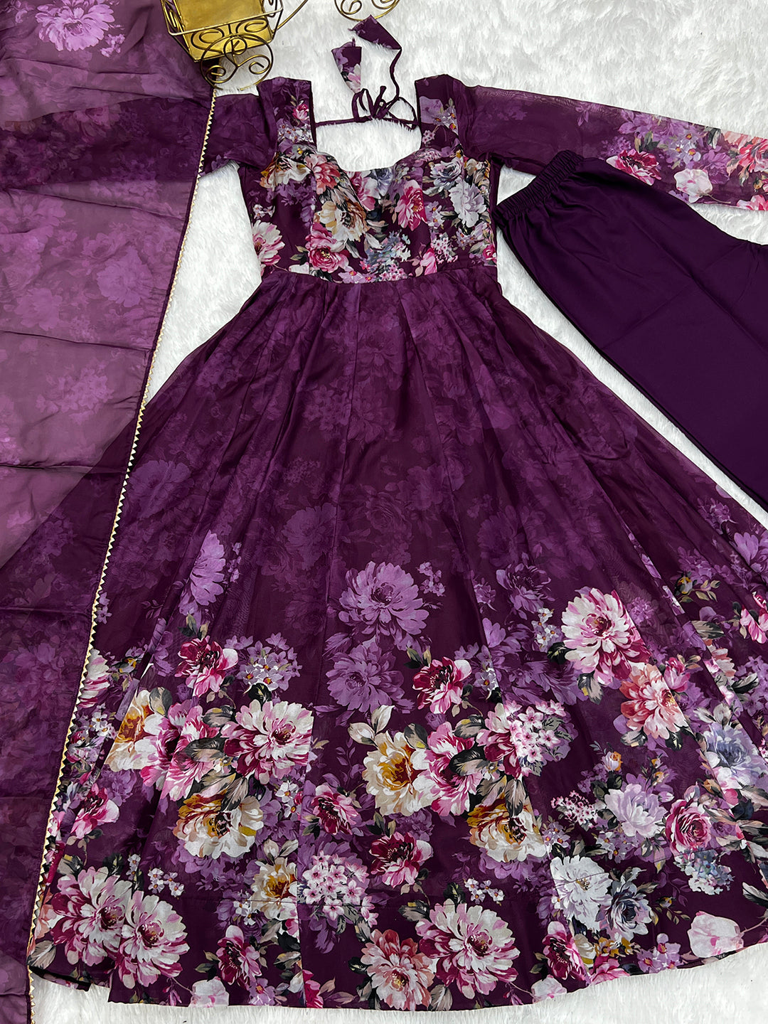 Lorenvalley Fashion Women Pure Soft Organza Silk Floral Print Fully Flair Anarkali With Pent Dupatta Set - Wine | Swadesiicart