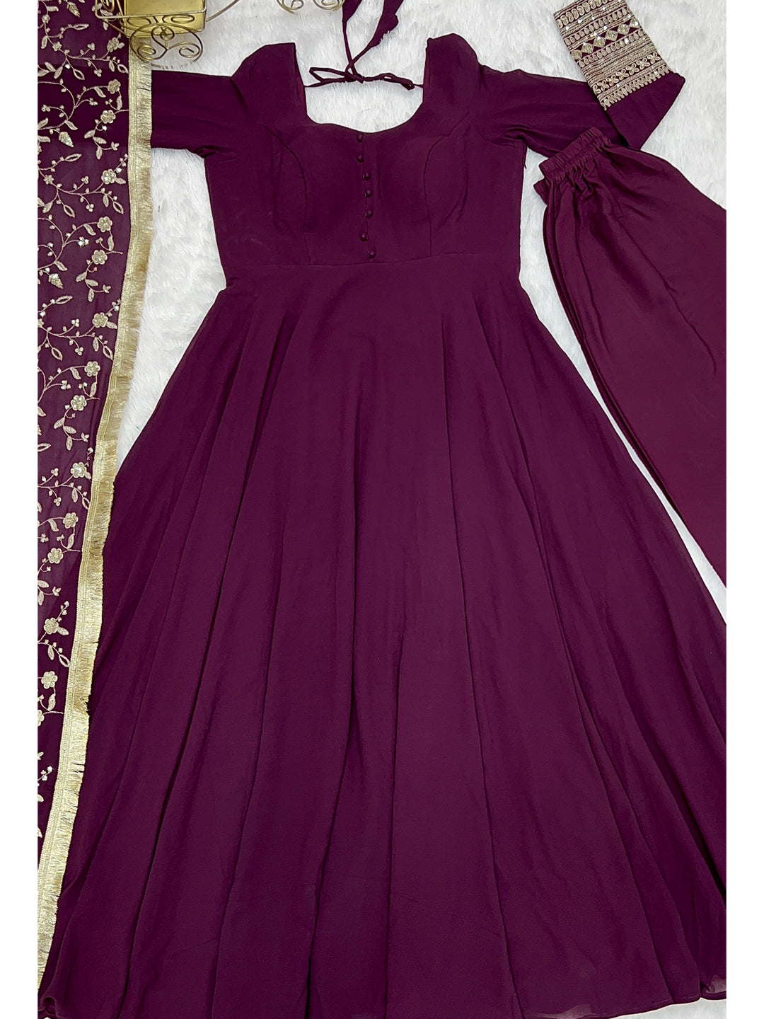 Lorenvalley Fashion Women Georgette Anarkali Gown Duppta Full Set With Pent Ready To Wear - Wine | Swadesiicart