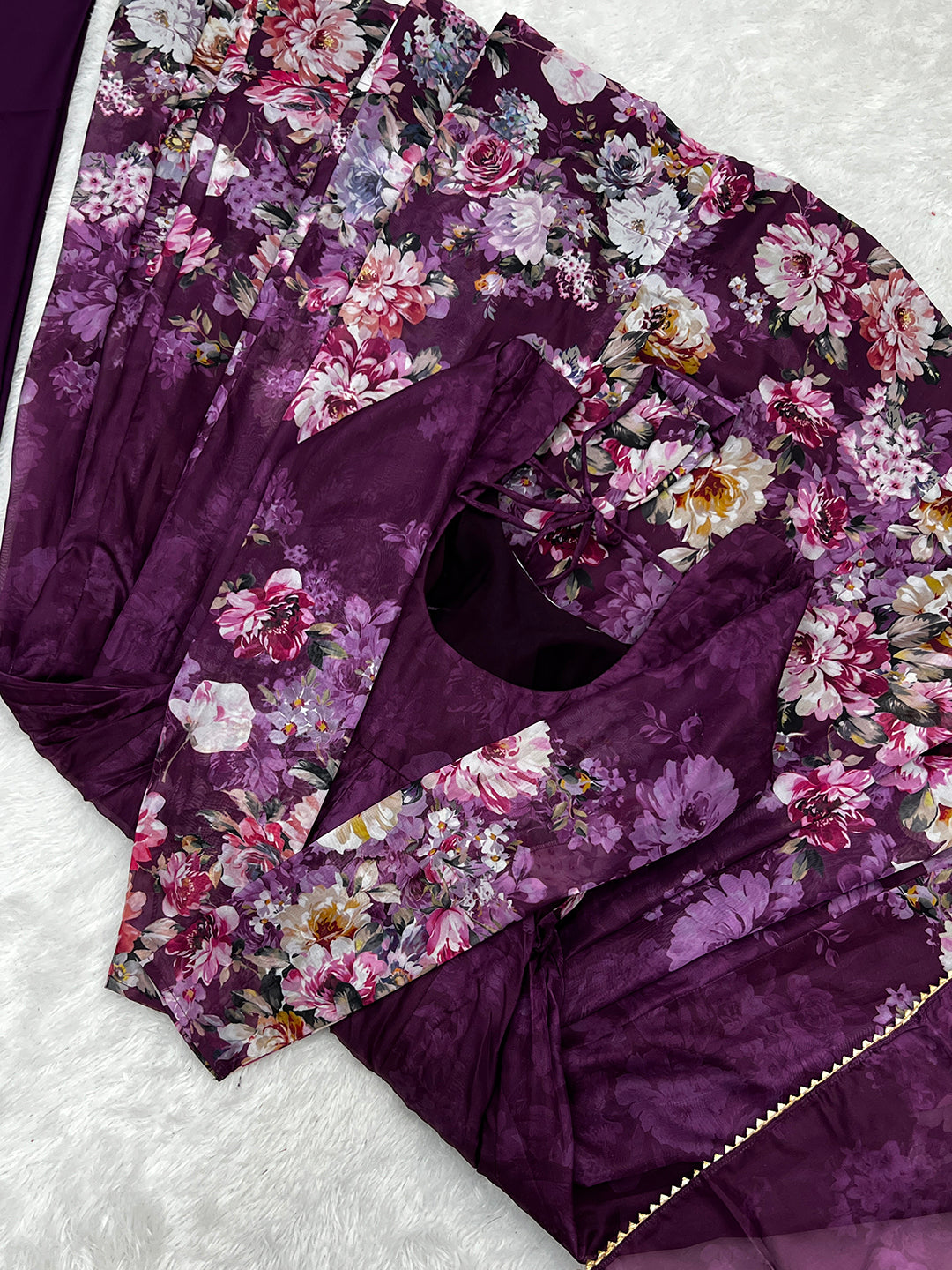 Lorenvalley Fashion Women Pure Soft Organza Silk Floral Print Fully Flair Anarkali With Pent Dupatta Set - Wine | Swadesiicart