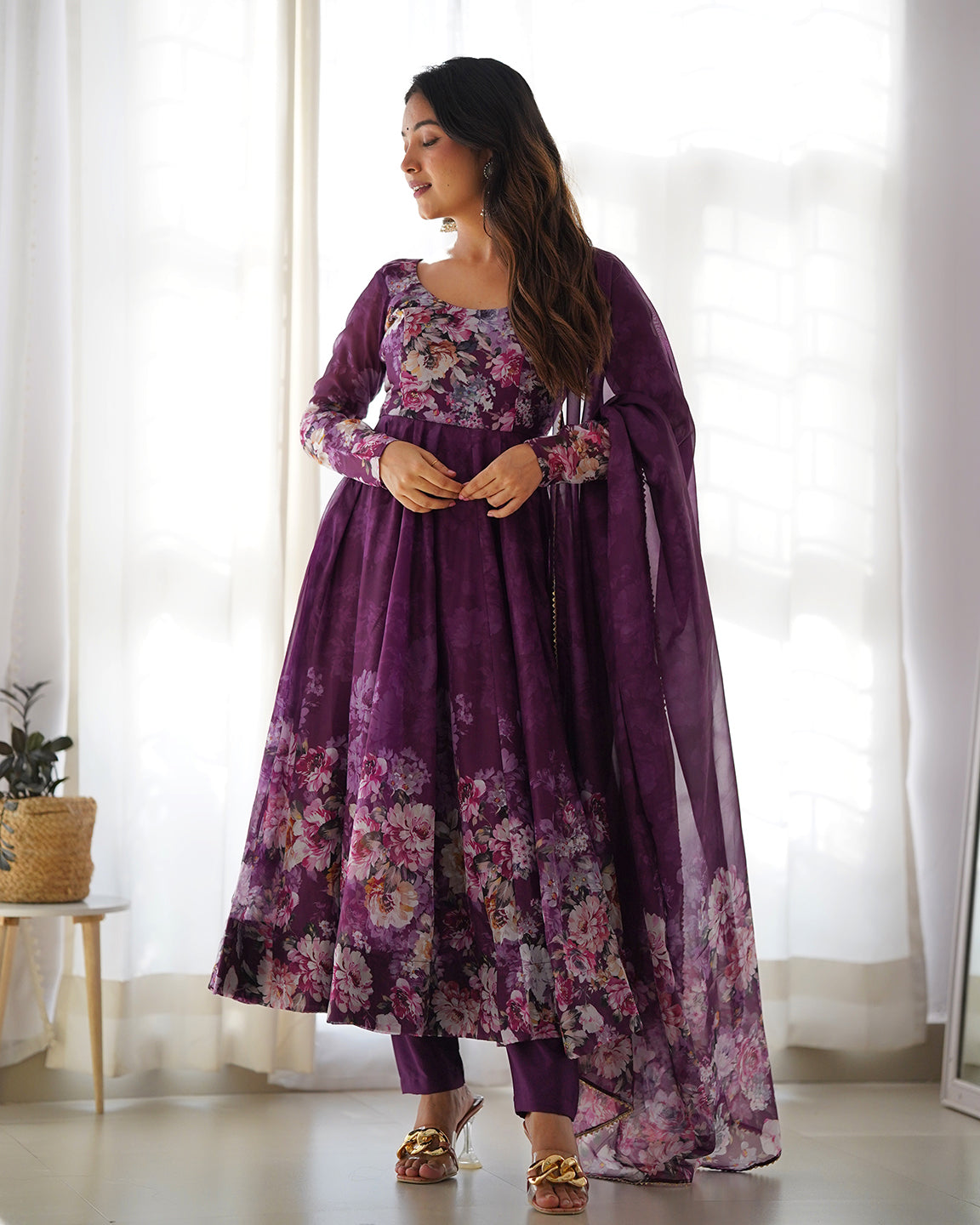 Lorenvalley Fashion Women Pure Soft Organza Silk Floral Print Fully Flair Anarkali With Pent Dupatta Set - Wine | Swadesiicart