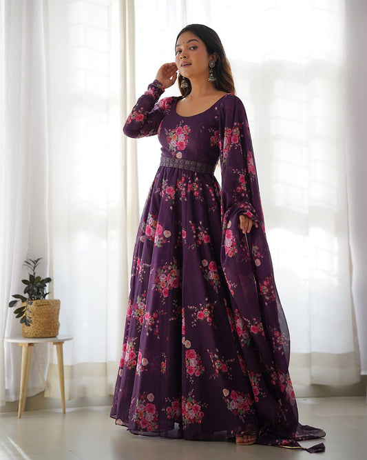 Lorenvalley Fashion Women Pure Soft Organza Silk Anarkali Kali Cut Gown With Pant Dupatta Set - Wine | Swadesiicart