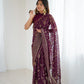 Lorenvalley Fashion Wine Solo Georgette Superb Finishing Foils Print & Fancy Zalar Lace in Border Saree with Blouse - Swadesiicart