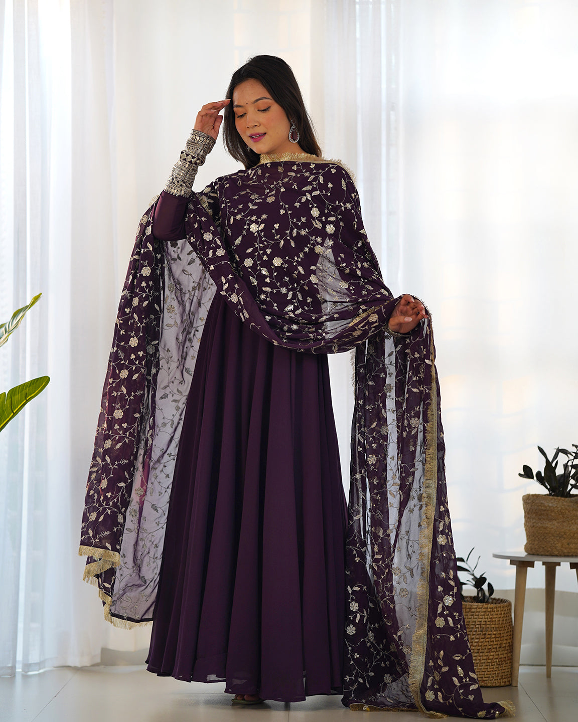 Lorenvalley Fashion Women Georgette Anarkali Gown Duppta Full Set With Pent Ready To Wear - Wine | Swadesiicart