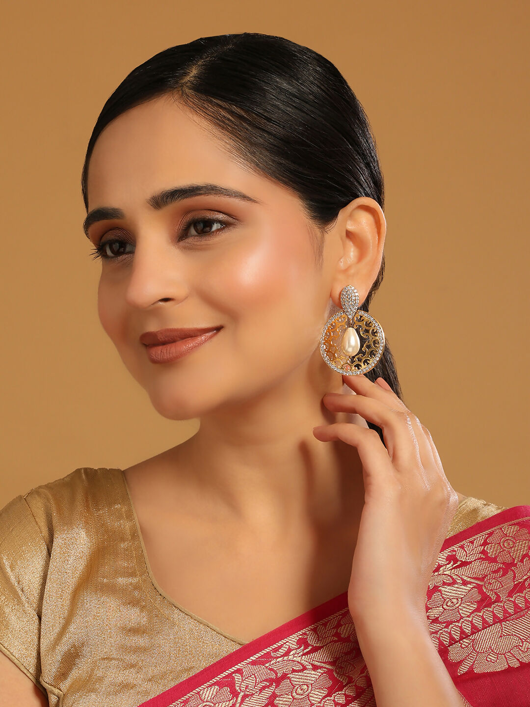 Nuyug 22K Gold Plated Cubic Zirconia Studded Contemporary Moon Shaped Pearl Drop Chandbalis | Swadesiicart
