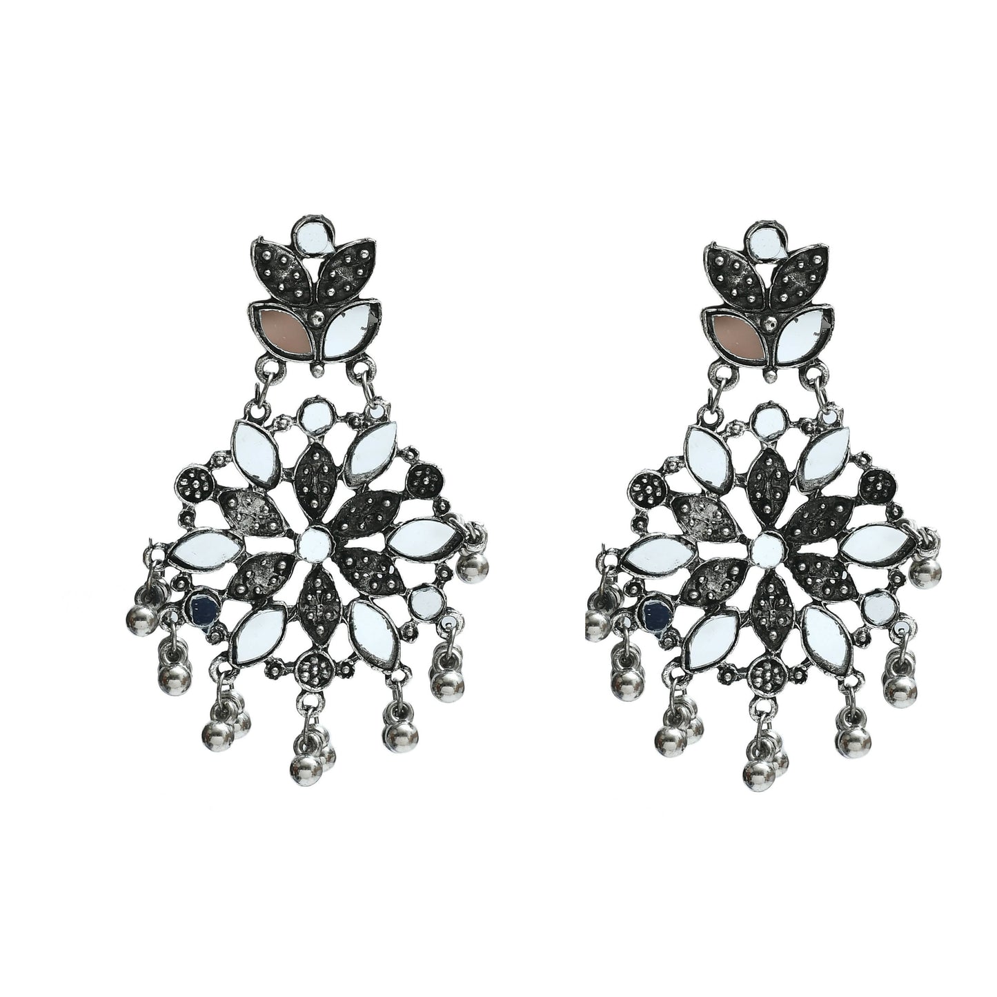 Mominos Fashion Johar Kamal Oxidised Silver-Plated Mirror Work Long Necklace Set - Swadesiicart