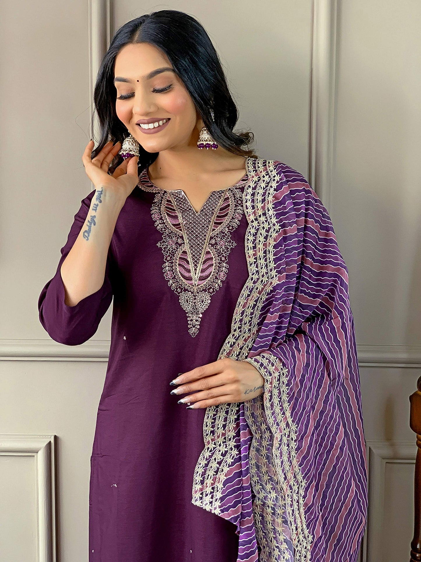 Partywear Designer Viscose Silk Wine Stitched Suit With Dupatta - Tanisha | Swadesiicart