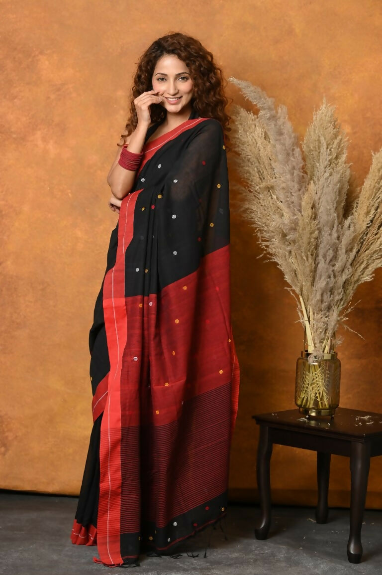 Very Much Indian Pure Cotton Handloom Saree with Buttis & Sleek Border - Black | Swadesiicart