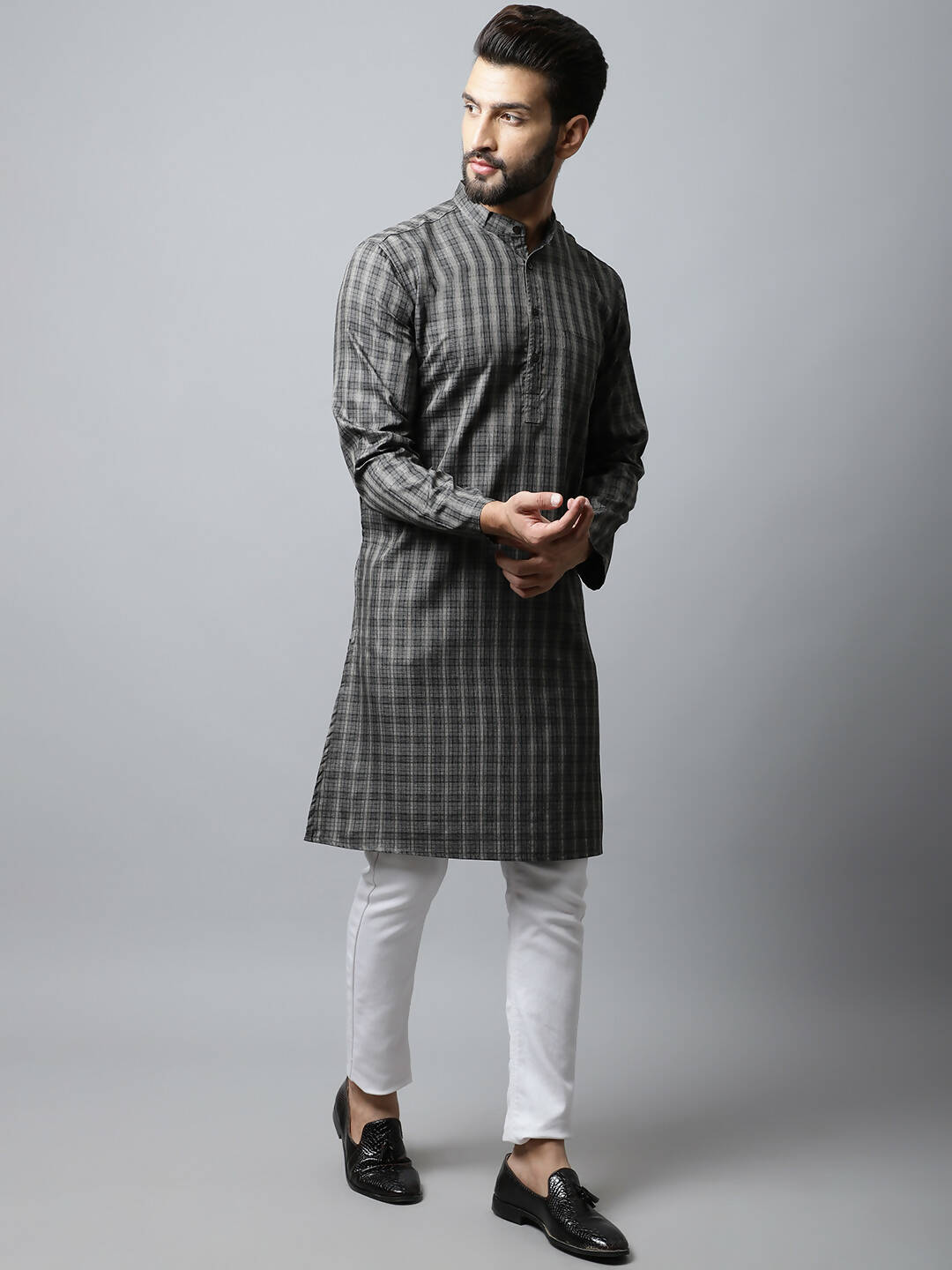 Even Apparels Brown Color Cotton Checked Men's Kurta With Band Collar (CHK1157) | Swadesiicart