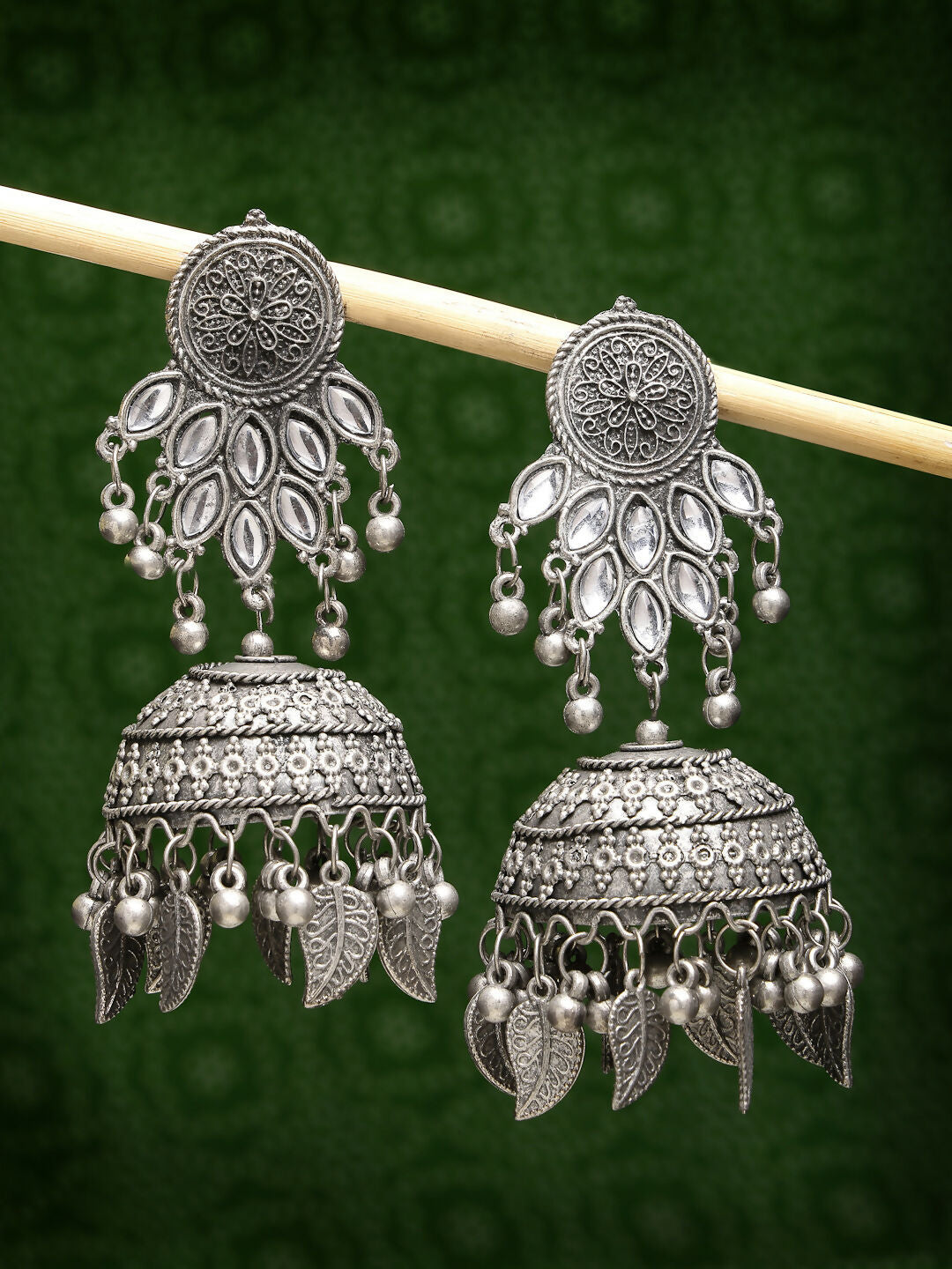 NVR Women's Silver-Plated Oxidised Artificial Stones Dome Shaped Jhumka Earrings | Swadesiicart