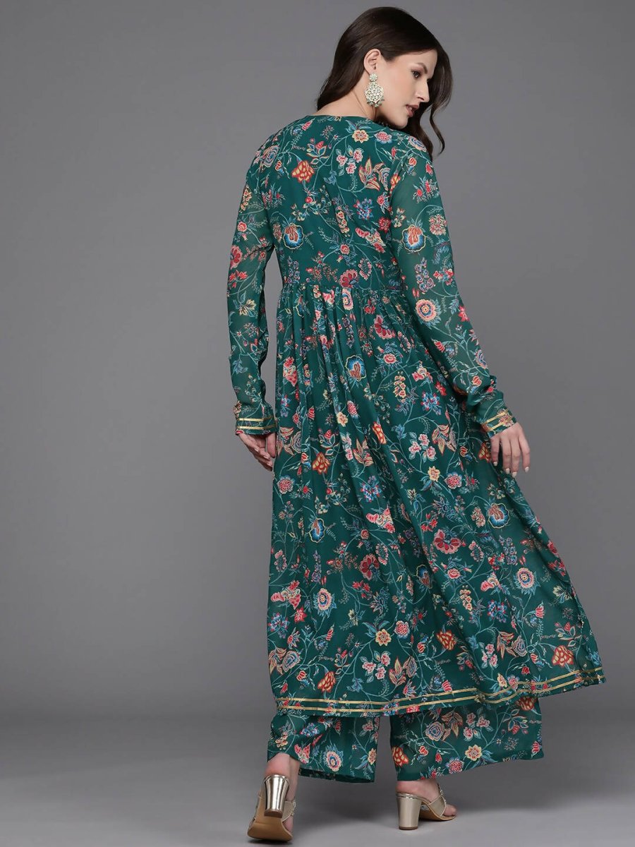 Ahalyaa Women Floral Printed Angrakha Kurta with Palazzos - Green Color | Swadesiicart