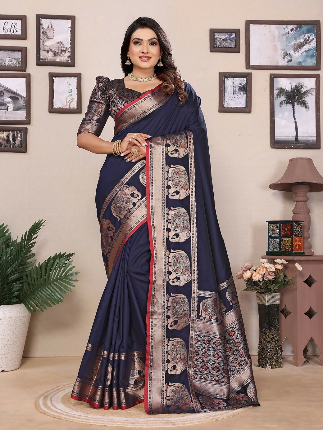 Joban Fashion Dark Blue Solid Banarasi Silk Sarees | Swadesiicart
