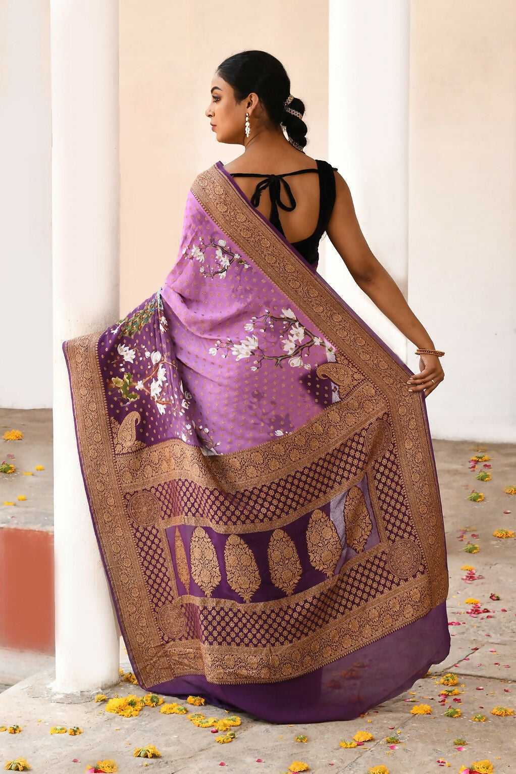 Joban Fashion Plum Purple Crepe Chiffon Pure Handloom Banarasi Silk Saree | Swadesiicart