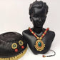 Terracotta Boho Style Long Necklace Set With Studs-Dark Green,Red And Gold