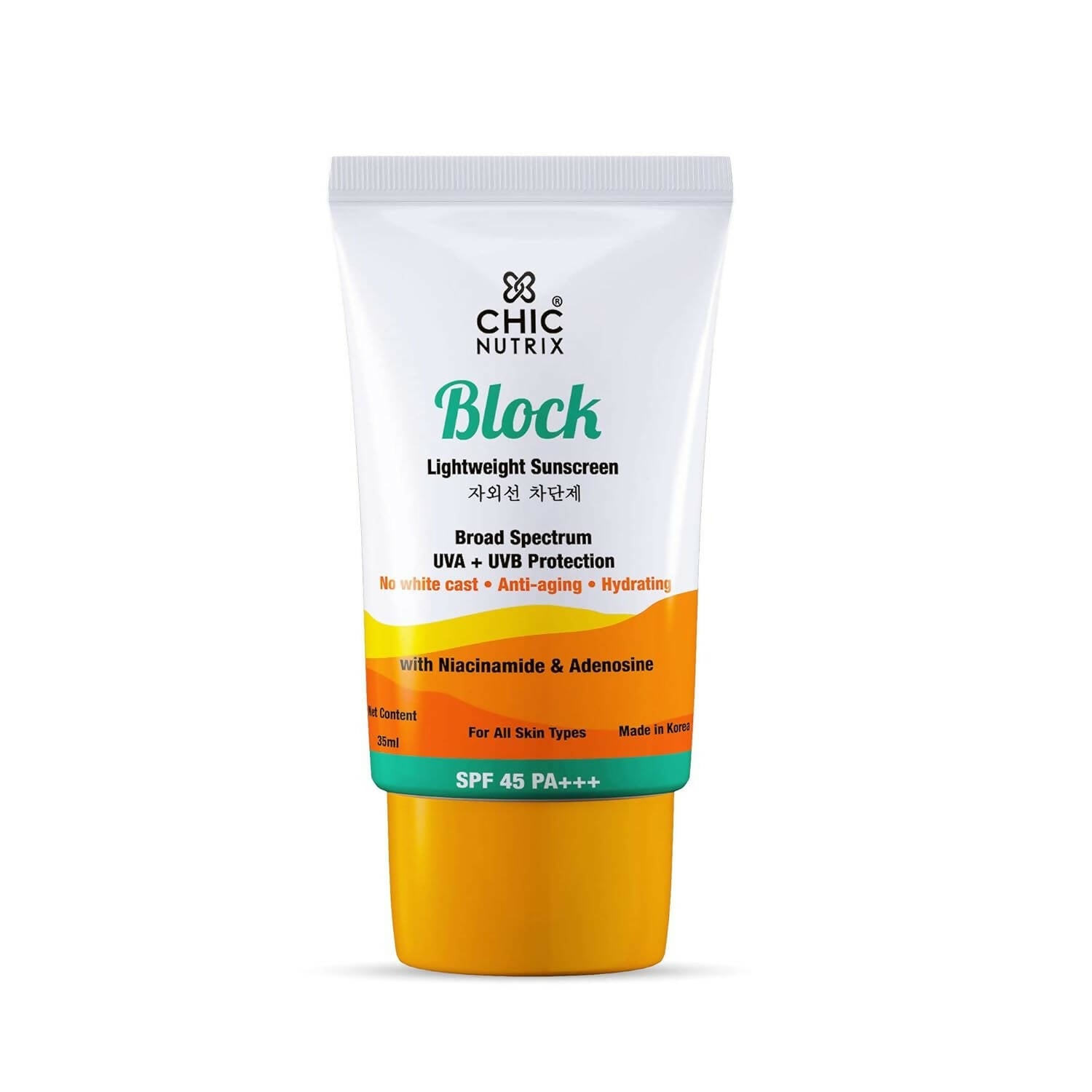 Chicnutrix Korean Block Lightweight Sunscreen SPF 45 PA+++ UVA + UVB Protection, Reduces Fine Lines And Wrinkles, Korean Skincare | Swadesiicart