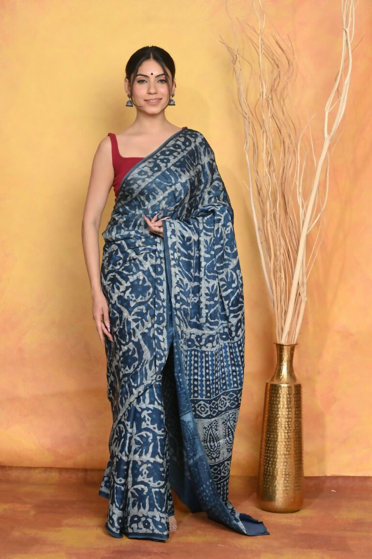 Very Much Indian Modal Silk Ajrakh Handblock Printed Natural Dyes Sleek Border Saree - Powder Blue | Swadesiicart