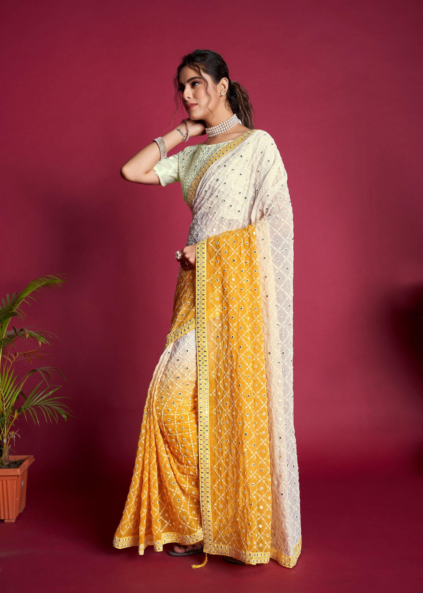 Vamsee Yellow Sequence 1 Yellow Satin Benglori Saree - Swadesiicart