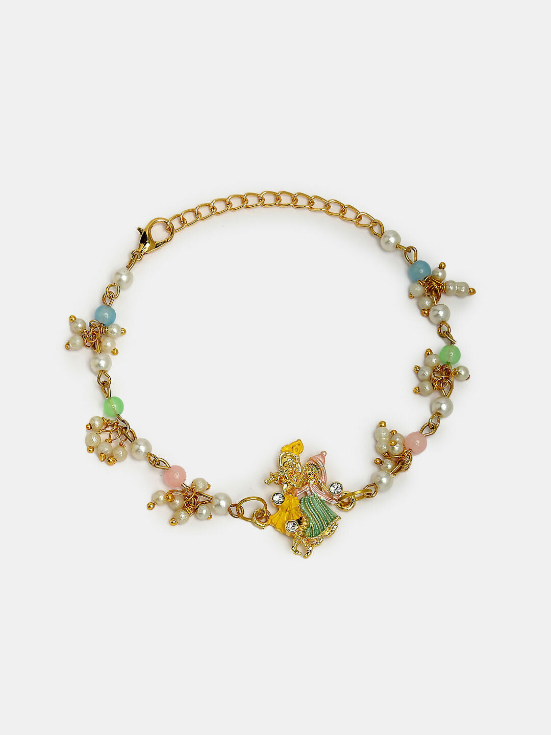 NVR Women & Men Set of 2 Multicolor Gold-Toned Radha Krishna Beaded Bhaiya Bhabhi Rakhi With Roli Chawal & Chocolate | Swadesiicart