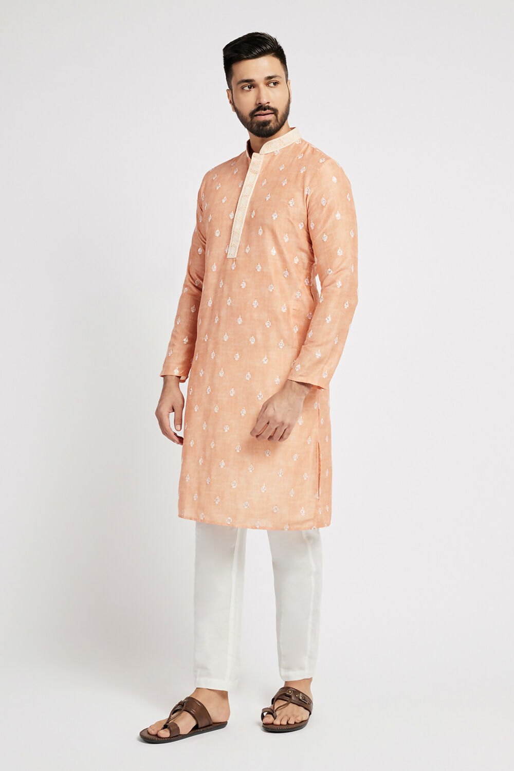 Ethnic India Orange Men's Kurta Ethnic Motifs Polyester | Swadesiicart