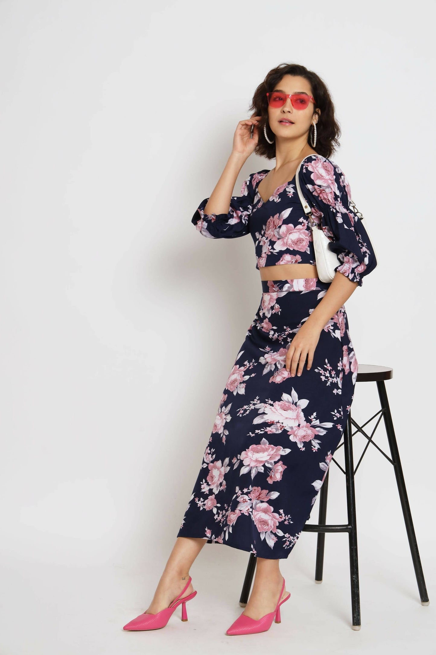 Blue Crepe Floral Printed Top with Matching Skirt - Shivani