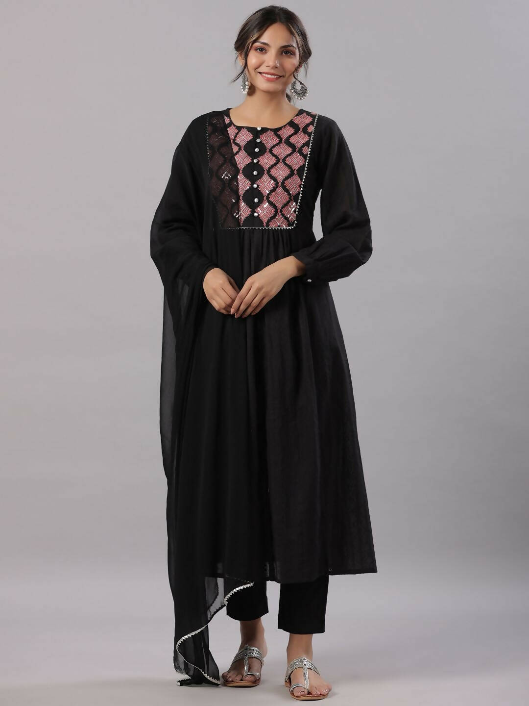 Juniper Women's Black Cotton Dobby Solid With Embroidery Flared Kurta Sets | Swadesiicart