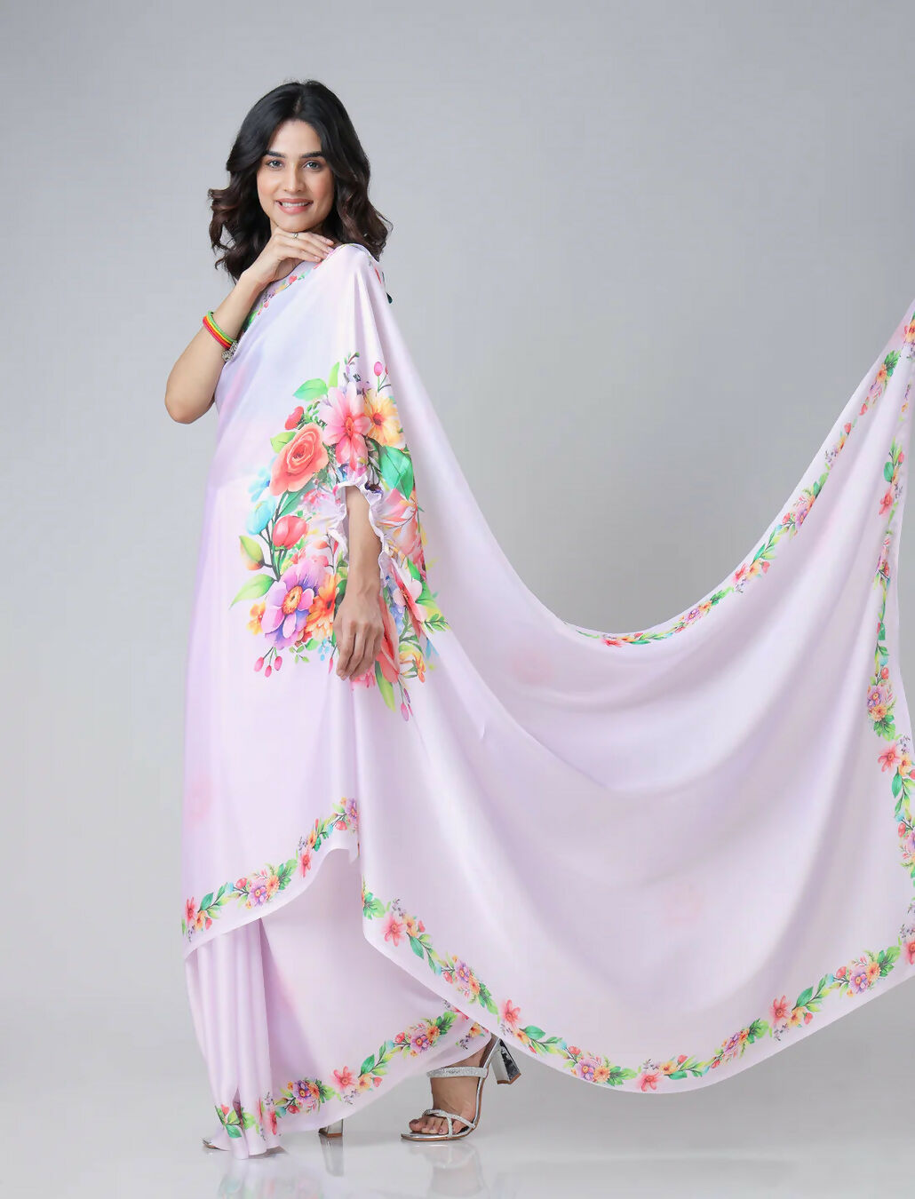 Vastranavya Mauve Freehand Flower Print Ready to Wear Saree | Swadesiicart