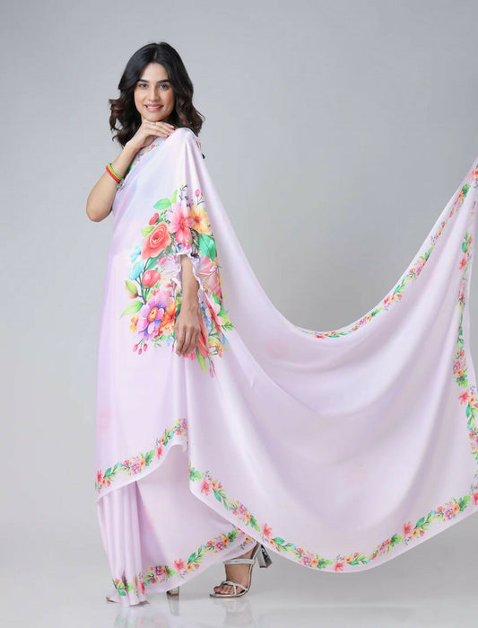 Vastranavya Mauve Freehand Flower Print Ready to Wear Saree | Swadesiicart