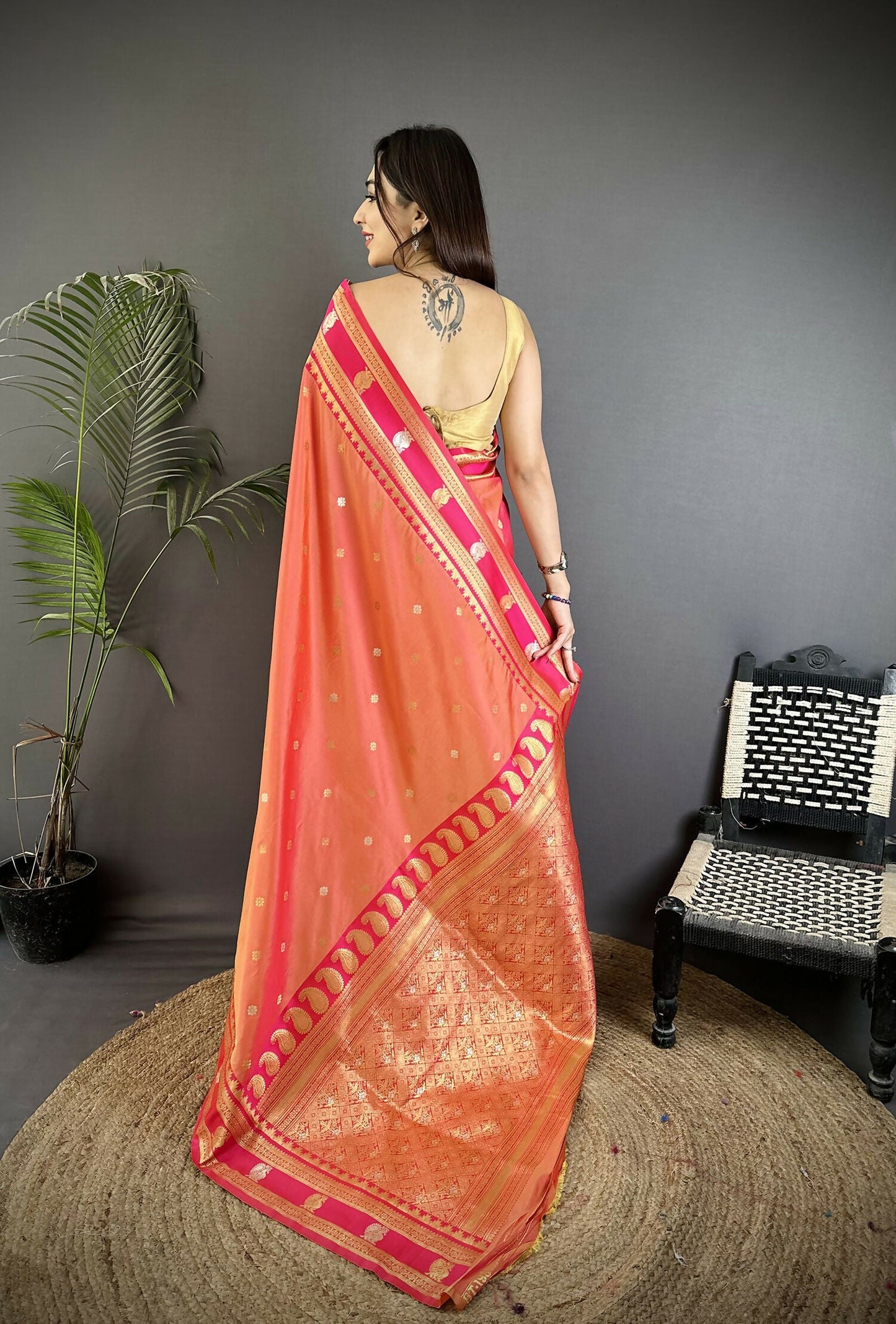 Joban Fashion Peach Banarasi Soft Silk Woven Saree | Swadesiicart