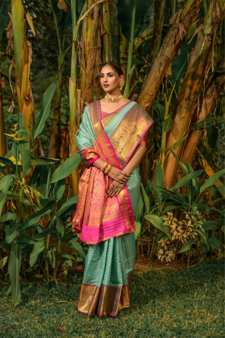 Jyoti Fashion Women's Sky Blue Kanjivaram Silk Zari Woven Saree with Blouse | Swadesiicart