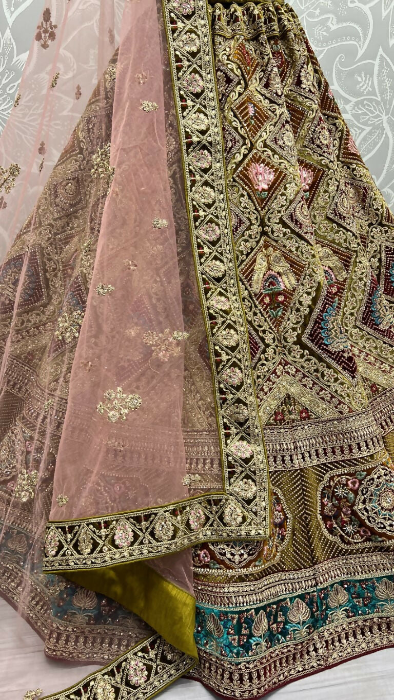 Jyoti Fashion Women's Mehendi Velvet Dori, Multi Thread Embroidered with Zircon Diamond Work Wedding Lehenga Choli | Swadesiicart