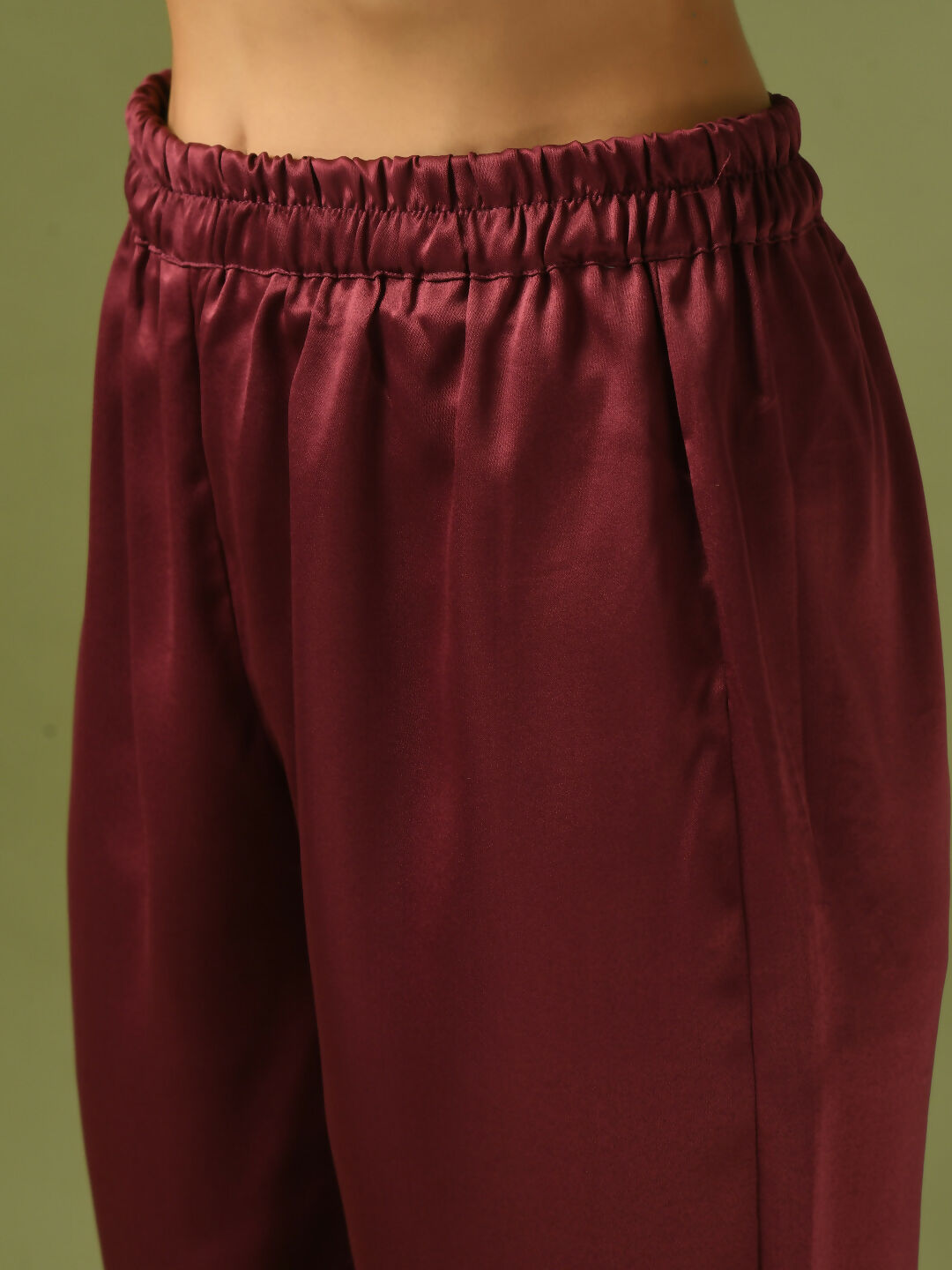 Myshka Women's Maroon Solid Satin V-Neck Party Tunic With Trousers Co-ord set - Swadesiicart